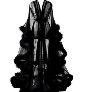 Old Hollywood Sheer Black Glamour Robe with Faux Fur Trim